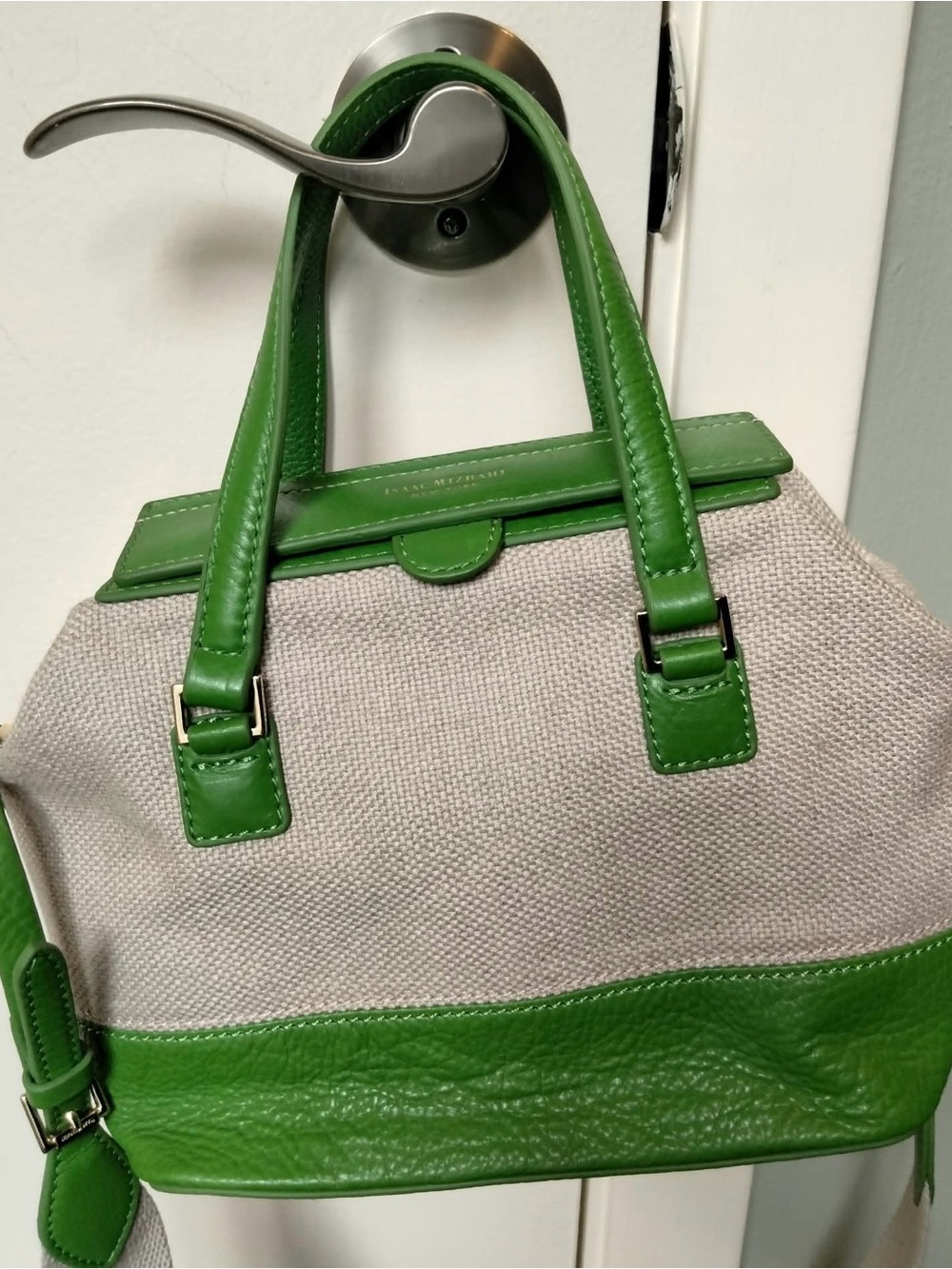 Isaac Mizrahi Beige Canvas Satchel with Bright Green Leather Trim